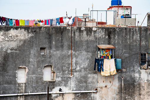 Havana, Cuba - January 13, 2019 - Cuban laundry drying on rooftop of building in Old Havana