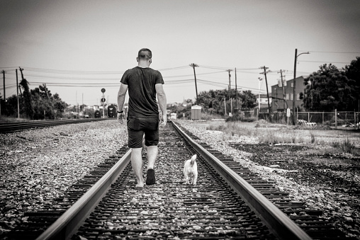 Man and His Dog Walking on the Tracks