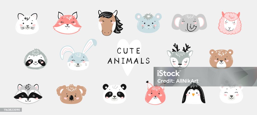 Vector Cute Animal Set Doodle Cartoon Kawaii Wild Animals And Pets Heads  Scandinavian Nursery Print Or Poster Design For Kids Baby Shower Greeting  Card Stock Illustration - Download Image Now - iStock