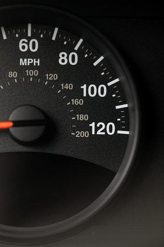 Speedometer measuring miles and kilometers per hour in a car