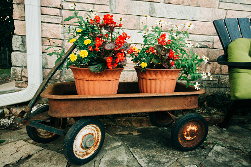 Rustic front porch decoration of potted colorful plants on a vintage rusted wagon outside