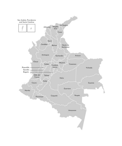 Vector isolated illustration of simplified administrative map of Colombia. Borders and names of the departments (regions). Grey silhouettes. White outline Vector isolated illustration of simplified administrative map of Colombia. Borders and names of the departments (regions). Grey silhouettes. White outline caqueta stock illustrations