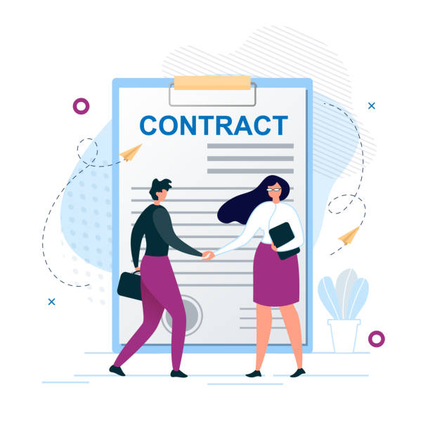 Man and Woman Shaking Hands Agree to Sign Contract Cartoon Man and Woman Characters Shaking Hands. Agreement to Sign Contract after Successful Business Discussion and Negotiation. Partnership, Handshake, Success and Deal. Vector Flat Illustration customer illustrations stock illustrations