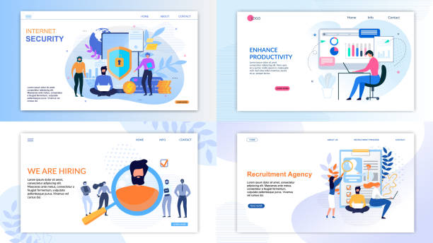 Flat Landing Page Set for Business and Security Flat Landing Page Set for Business and Security. Internet Protection Private Account, Data and Finance, Tools to Enhance Productivity and Online Recruitment Agency Service. Vector Illustration recruitment agency stock illustrations