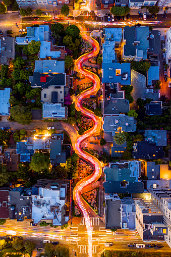 An aerial image of cars driving on famous Lombard Street in San Francisco, California
