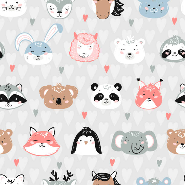 ilustraciones, imágenes clip art, dibujos animados e iconos de stock de fondo vectorial para niños con animales salvajes lindos y mascotas. patrón infantil sin costuras con doodle cartoon kawaii animal faces and hearts. impresión escandinava diseño textura fondo de pantalla - bear teddy bear characters hand drawn