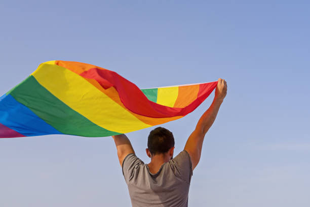 istock Man holding raised hands waving LGBT rainbow flag 1163831385