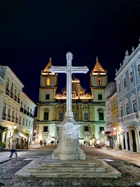 Photo of Night view The Cruzeiro de Sao Francisco Anchieta colonial Christian cross in Pelourinho, in the historical center of Salvador Bahia.