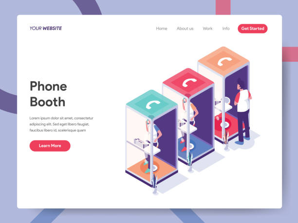 ilustrações de stock, clip art, desenhos animados e ícones de landing page template of phone booth illustration concept. isometric design concept of web page design for website and mobile website.vector illustration - telephone booth telephone pay phone telecommunications equipment