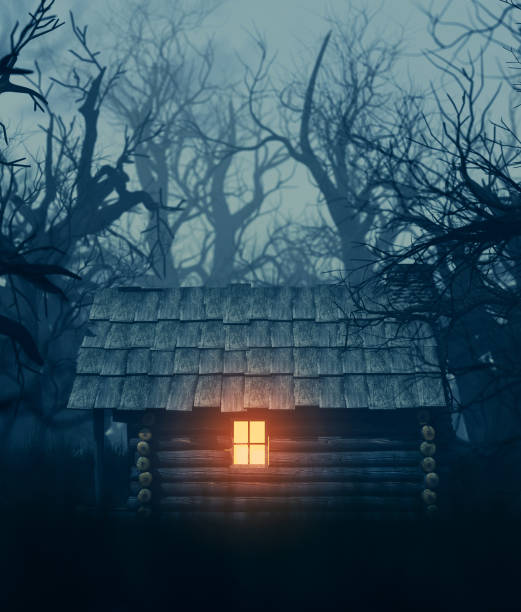 cabaña vieja en el bosque embrujado - cabaña fotografías e imágenes de stock