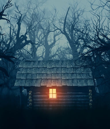 Light from window of an old cabin in haunted forest,3d illustration for your book cover project