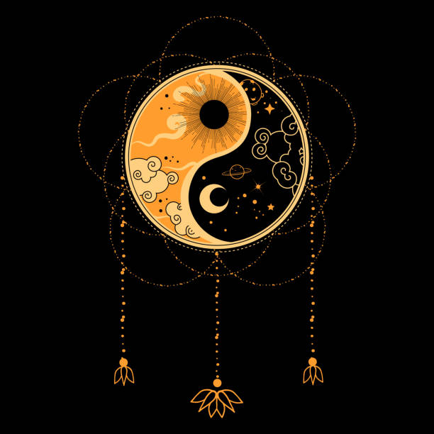 ilustraciones, imágenes clip art, dibujos animados e iconos de stock de tatuaje flash yin yang. concepto dreamcatcher. arte tribal nativo. - dreamcatcher symbol mystery catching