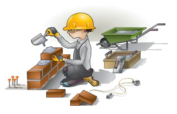 Vector illustration of bricklayer worker