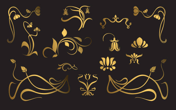 illustrazioni stock, clip art, cartoni animati e icone di tendenza di set di ornamenti in stile liberty - frame decoration flourishes art nouveau