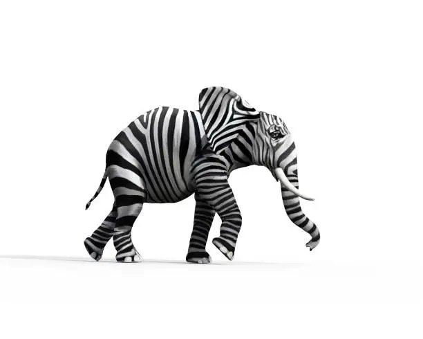 Photo of Elephant with zebra skin in the studio. The concept of being different. 3d render illustration
