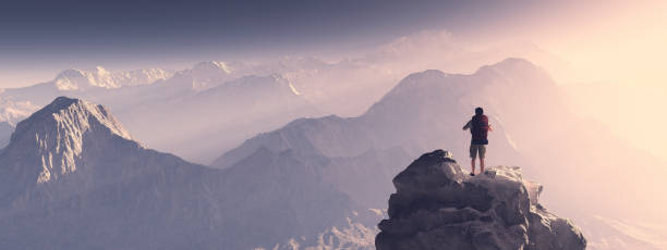 istock Hiker on top of a mountain at sunset. 3d render illustration 1163846454