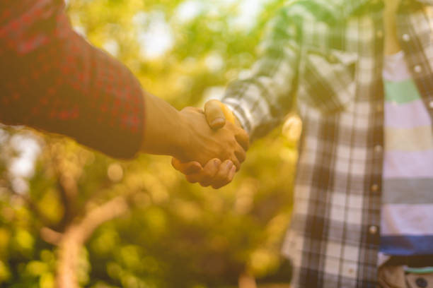 farmers shake hands, sign contract, agriculture concept - agriculture teamwork farmer people imagens e fotografias de stock