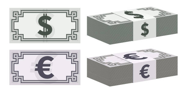 ikony dolara i banknotów euro - bank symbol computer icon european union euro note stock illustrations