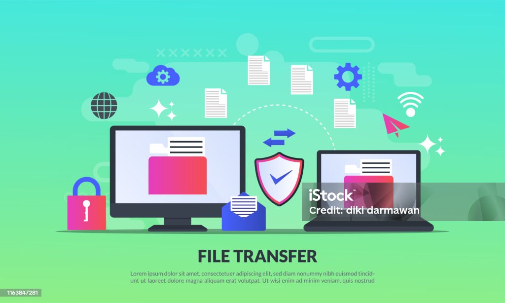 File Transferring Display File Transfer Concept Sharing Files Between Devices With Folders On ...