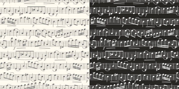 istock Music staff with music notes. Sheet of musical stave notes. Music sheet, music note and musical background seamless pattern. 1163849682