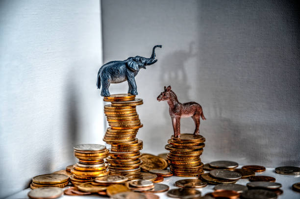 burro y elefante en la parte superior de monedas apiladas - government spending fotografías e imágenes de stock