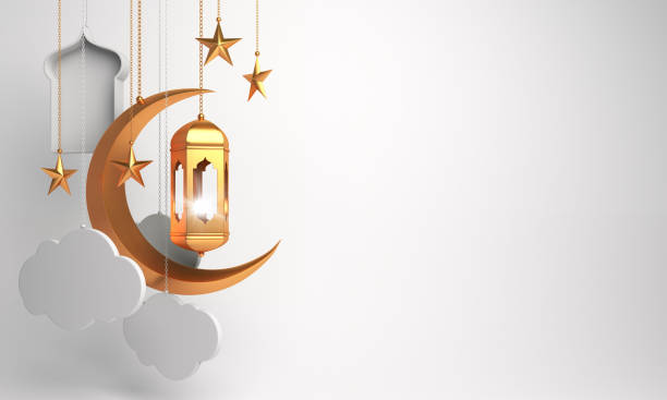 lanterne arabe d'or, croissant, nuage, étoile, fenêtre sur le fond blanc. - praying islam sacrifice mosque photos et images de collection