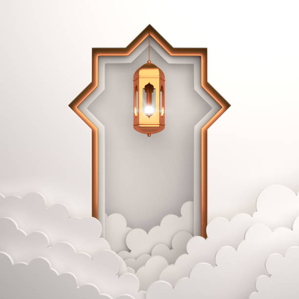 istock Arabic window paper cut, gold hanging lamp, cloud on white background. 1163854563