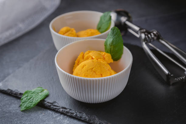 istock Mango ice cream sorbet with mint leaves 1163855285