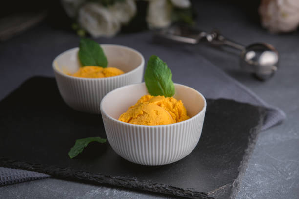 istock Mango ice cream sorbet with mint leaves 1163855286