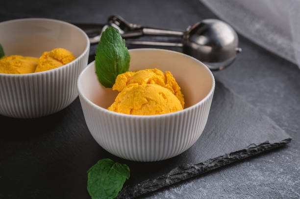 istock Mango ice cream sorbet with mint leaves 1163855287