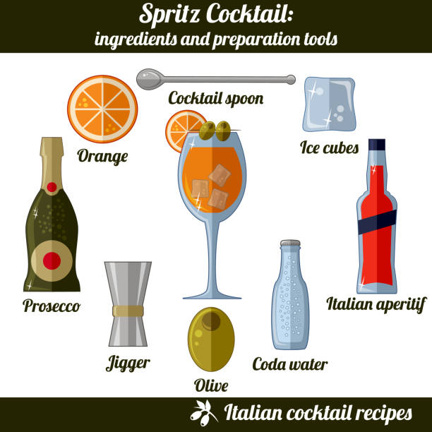Spritz cocktail. Infographic set of isolated elements on white background Spritz cocktail. Infographic set of isolated elements on white background. Ingredients and preparation tools. Italian Cocktail Collection. Vector illustration club soda stock illustrations