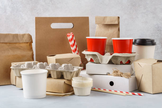 Set of various eco friendly packaging, containers and tableware. Set of various eco friendly packaging, disposable recyclable containers and tableware. Zero waste concept. biodegradable photos stock pictures, royalty-free photos & images