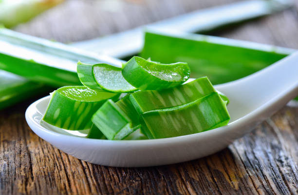 istock Aloe vera plant on wooden background 1163857433