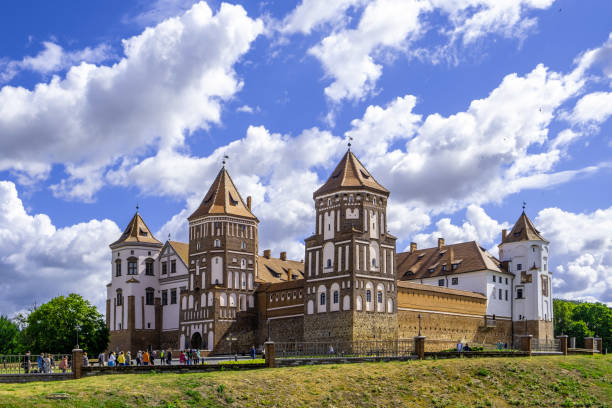 Mir Karelichy District Hrodna Region Belarus 28. September 2020 Mir Castle majestic fortification fortress Park and monument with lake river in Mir Belarus.