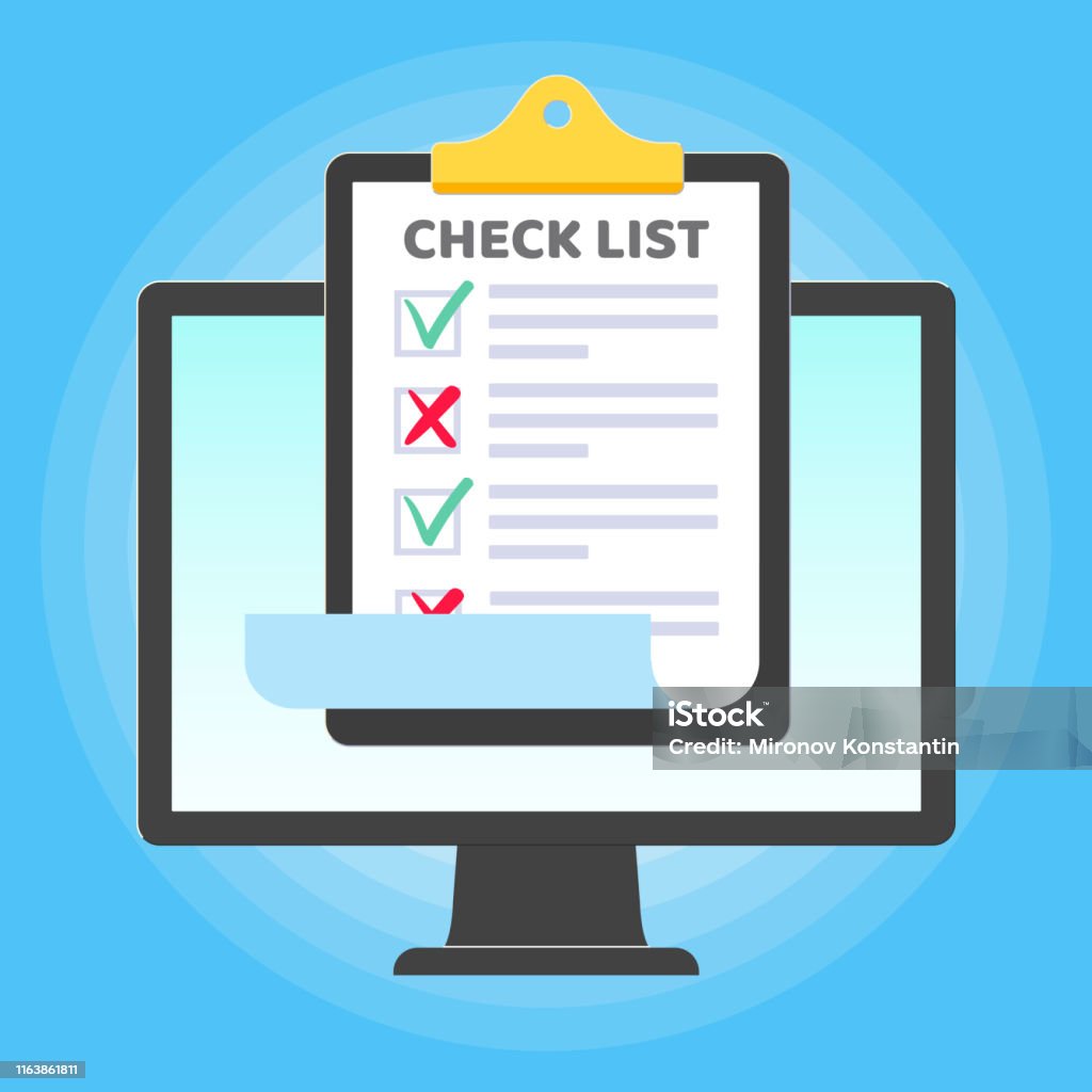 Checklist Square On Computer Monitor Or All In One Pc Flat Design With Paper Sheet Check List With ...