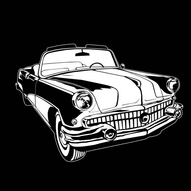 istock cabriolet 1950-60s retro vintage vector monogram hand drawing white on black background 1163866154