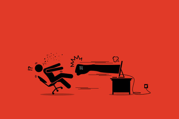 ilustrações de stock, clip art, desenhos animados e ícones de stick figure man being punched by an angry hater fist flying out from the computer monitor screen. - furious