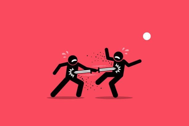 Double edged sword concept. Vector artwork depict a stick figure man stab his enemy with a double ended sword, but also stabbing himself during the attack. A concept of good and bad consequences. self sacrifice stock illustrations