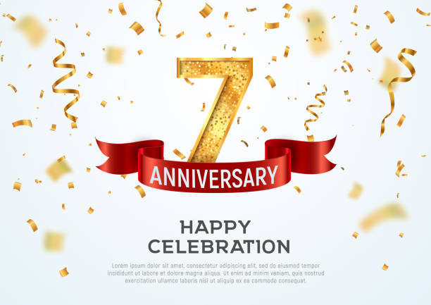 7 years anniversary vector banner template. Seven year jubilee with red ribbon and confetti on white background 7 years anniversary vector banner template. Seven years jubilee with red ribbon and confetti on white background anniversary invitation backgrounds greeting card stock illustrations