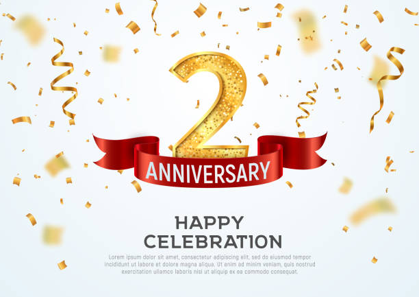 2 years anniversary vector banner template. Two year jubilee with red ribbon and confetti on white background. 2 years anniversary vector banner template Two year jubilee with red ribbon and confetti on white background number 2 stock illustrations