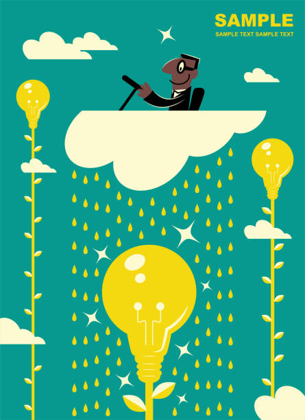 африканская этническая принадлежность бизнесмен пилотирования облачного самолета и полива идея лампочка дерево - gear tall solution people stock illustrations