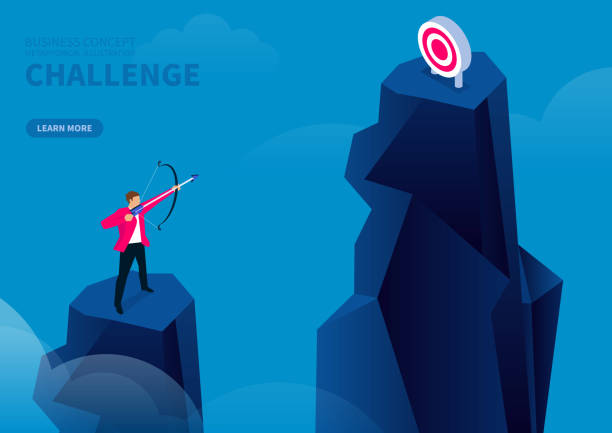 Challenge, businessman standing on the top of the mountain and shooting another target on the top of the mountain Challenge, businessman standing on the top of the mountain and shooting another target on the top of the mountain arrow bow and arrow illustrations stock illustrations