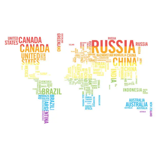 Vector illustration of World map countries names and rainbow flag colors