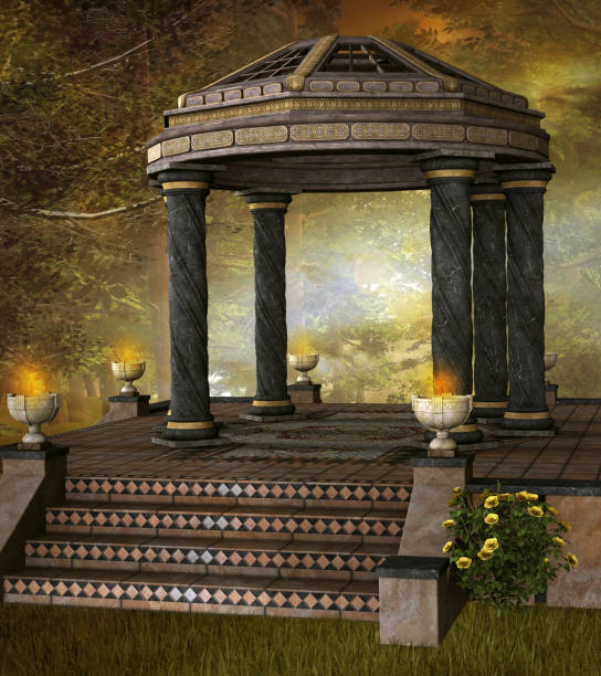 istock Ancient gazebo in the foggy forest 1163875206