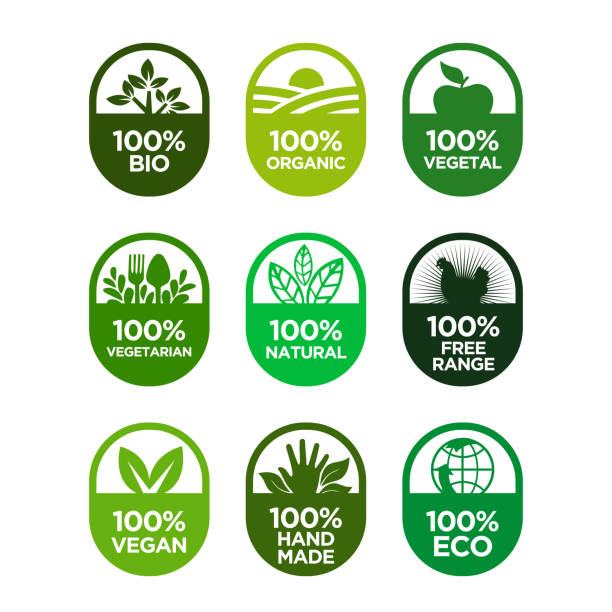 Healthy food and healthy life icons set. 100% Bio, Organic, Vegetal, Vegetarian, Natural, Free Range, Vegan, Hand Made, Eco biology stock illustrations