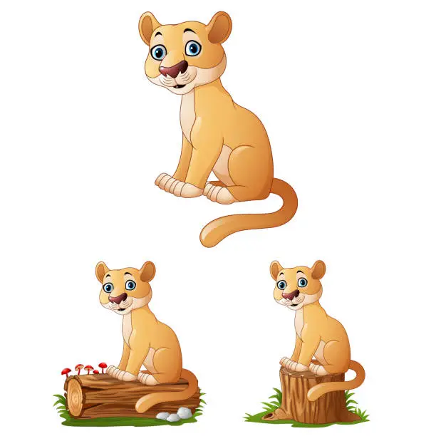 Vector illustration of Cartoon lioness on log collections set