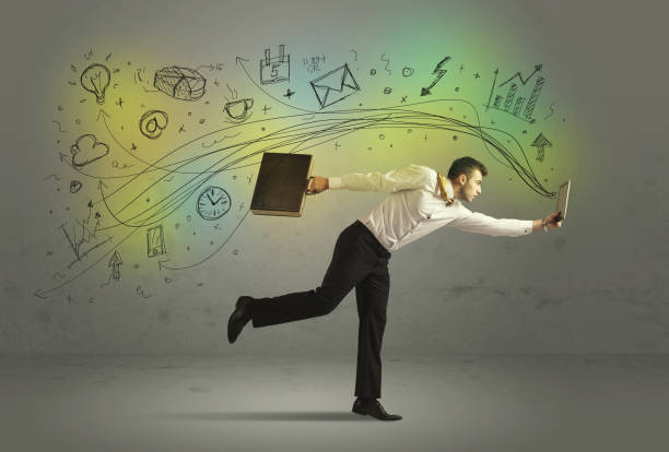 istock Business man in a rush with doodle media icons 1163875380