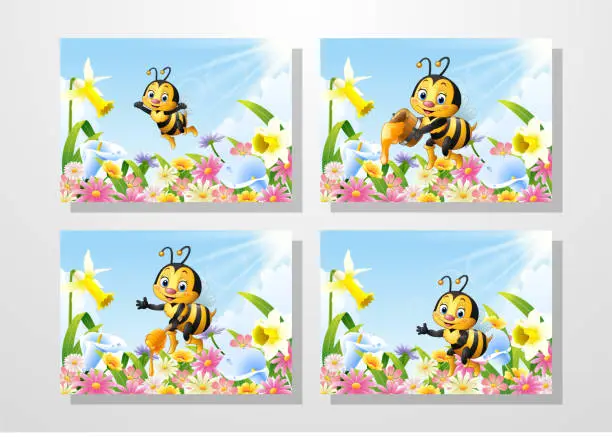 Vector illustration of Cartoon bee on flower garden collections set