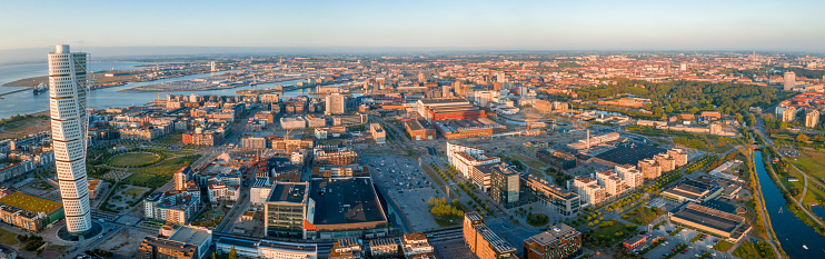 June 10, 2019. Beautiful aerial view of the Vastra Hamnen (The Western Harbour) district in Malmo, Sweden, during sunset. View from above.
