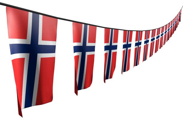 pretty memorial day flag 3d illustration - many Norway flags or banners hanging diagonal with perspective view on rope isolated on white